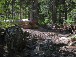 Sol Duc log bridge approach and campsite sign